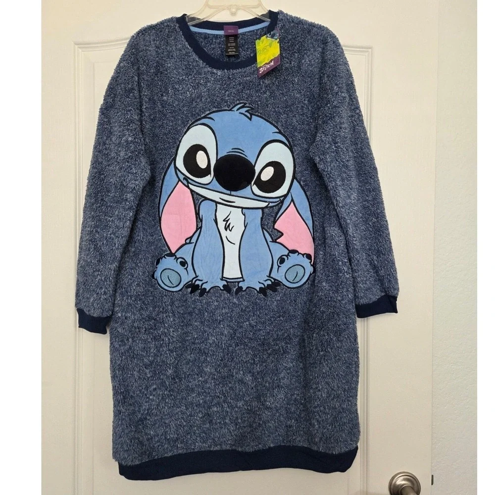 Disney Stitch Faux Fur Plush Sleepshirt Nightgown Dress Blue Sz S Cartoon Winter - Picture 2 of 7